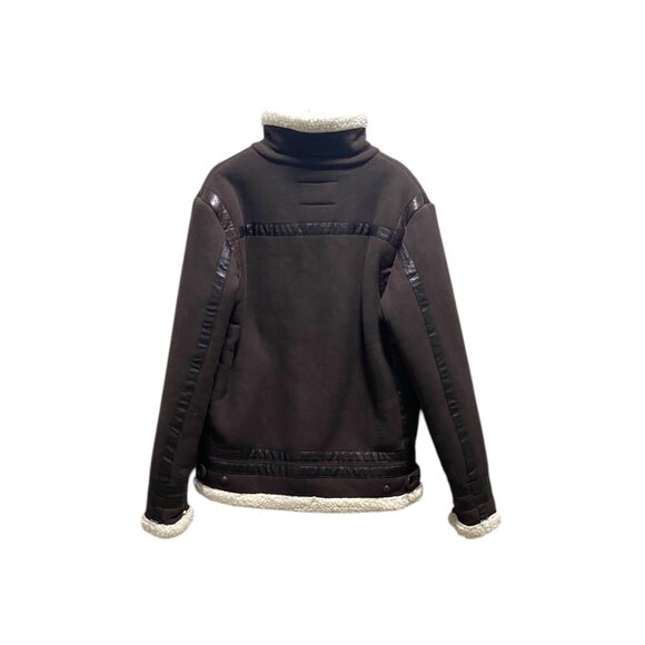 Han Ton Mens High Neck Faux Shearling Bomber Jacket Brown Size L Minimalist Warm - Picture 11 of 13